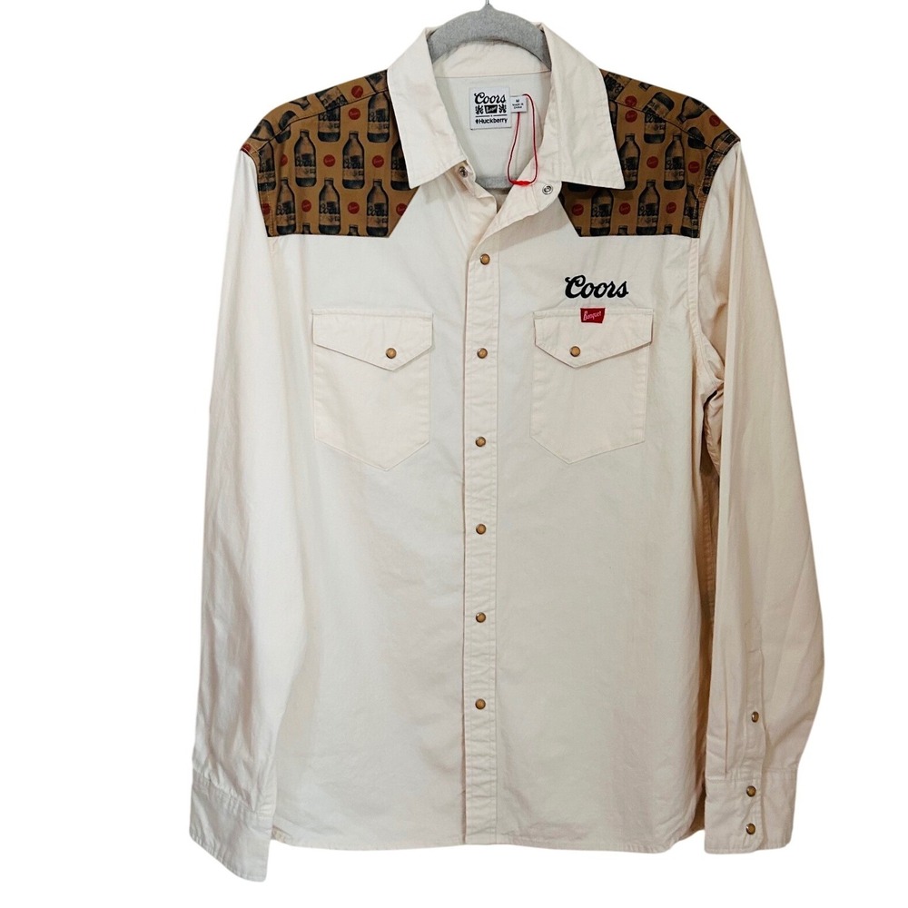 Huckberry x Coors Banquet Size M Western Pearl Snap Shirt Cream Beer Yoke